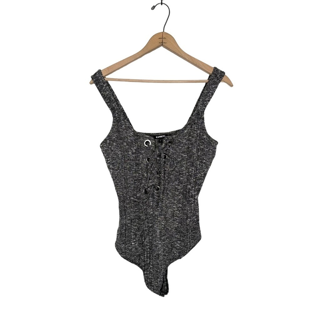 Express | Black Marled Lace Up Front Sweater Tank Bodysuit Size Large